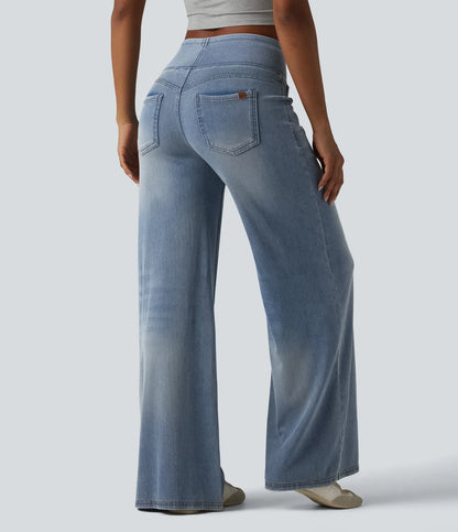 Jeans baggy casual de pierna ancha tiro medio en Lyocell efecto lavado bolsillos
