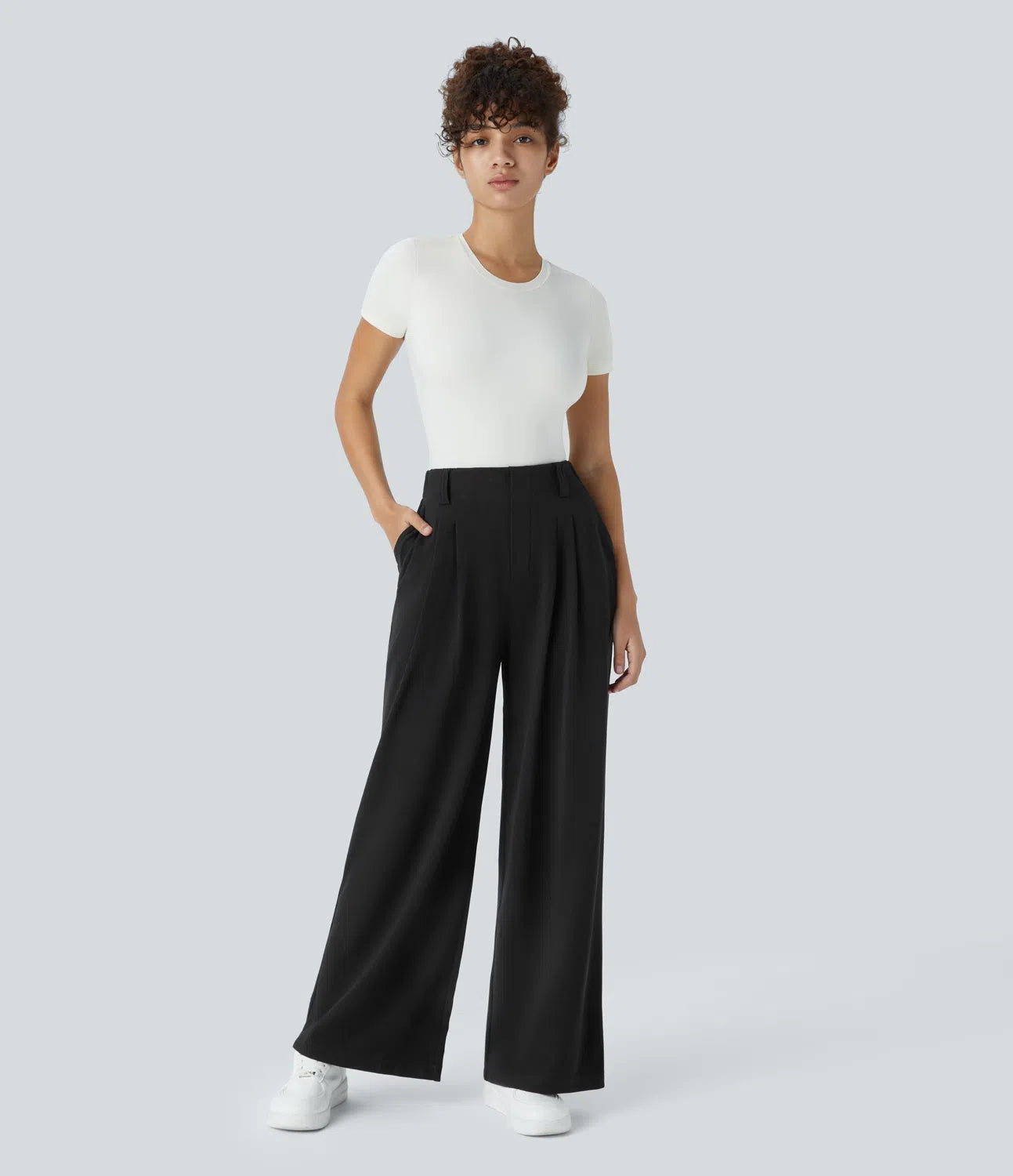 Pantalones cintura alta de pierna ancha tejido Waffle bolsillos cómodo oficina