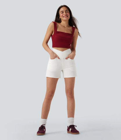 Shorts denim cintura alta con bolsillos, corte en A, pierna ancha y acabado lavado