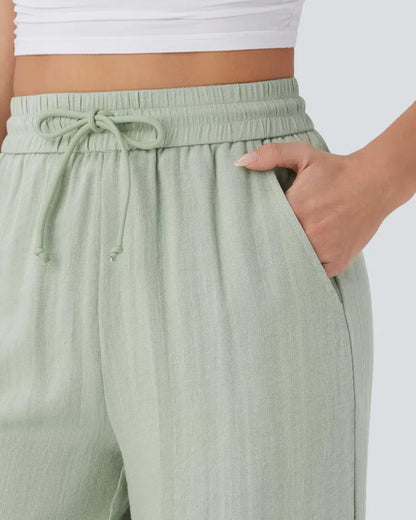 Pantalones Casuales de Cintura Alta con Cordón y Bolsillos, Estilo Lino, Pierna Ancha