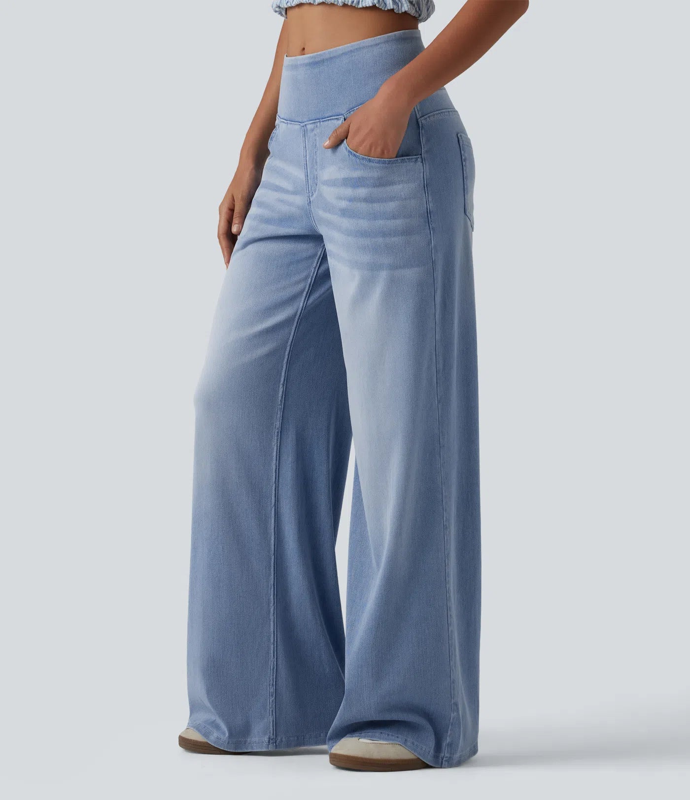 Jeans baggy casual de pierna ancha tiro medio en Lyocell efecto lavado bolsillos