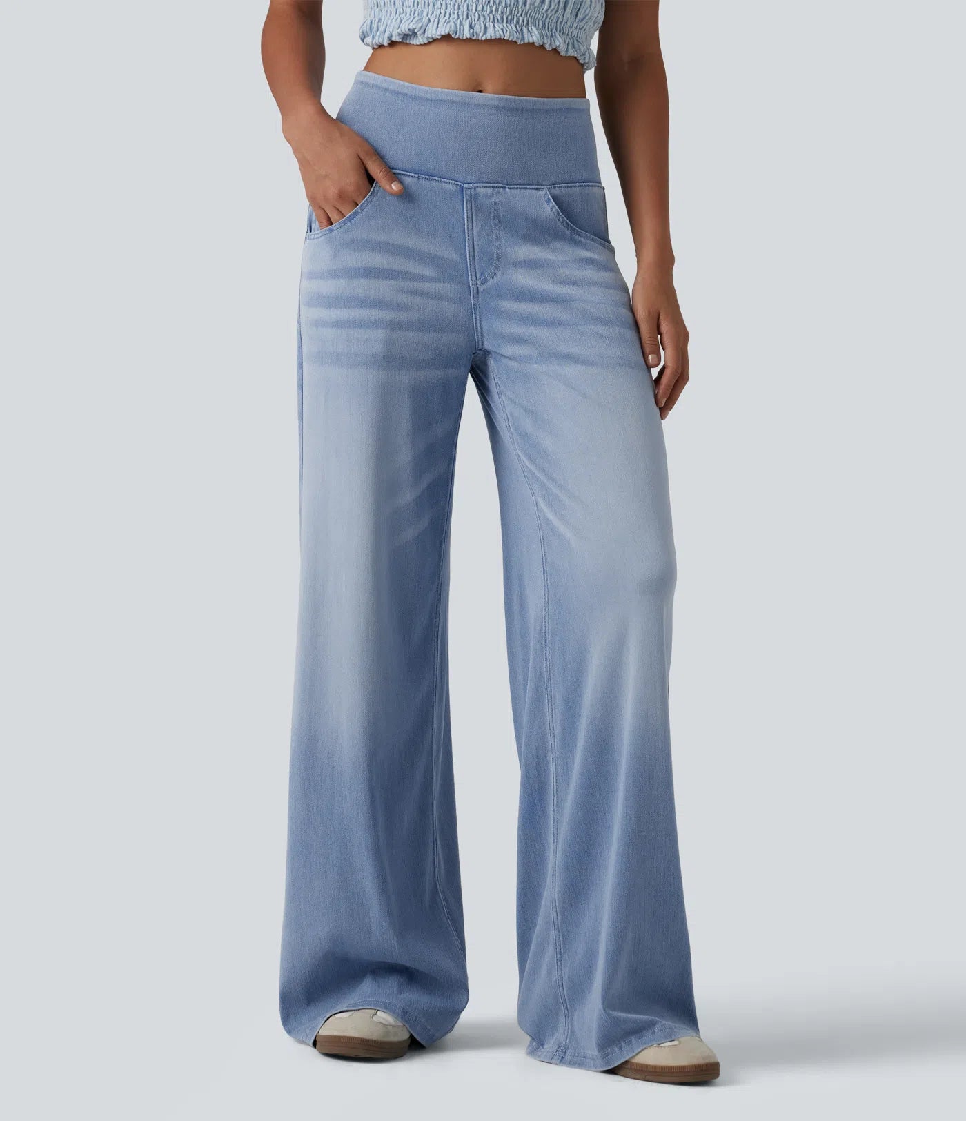 Jeans baggy casual de pierna ancha tiro medio en Lyocell efecto lavado bolsillos
