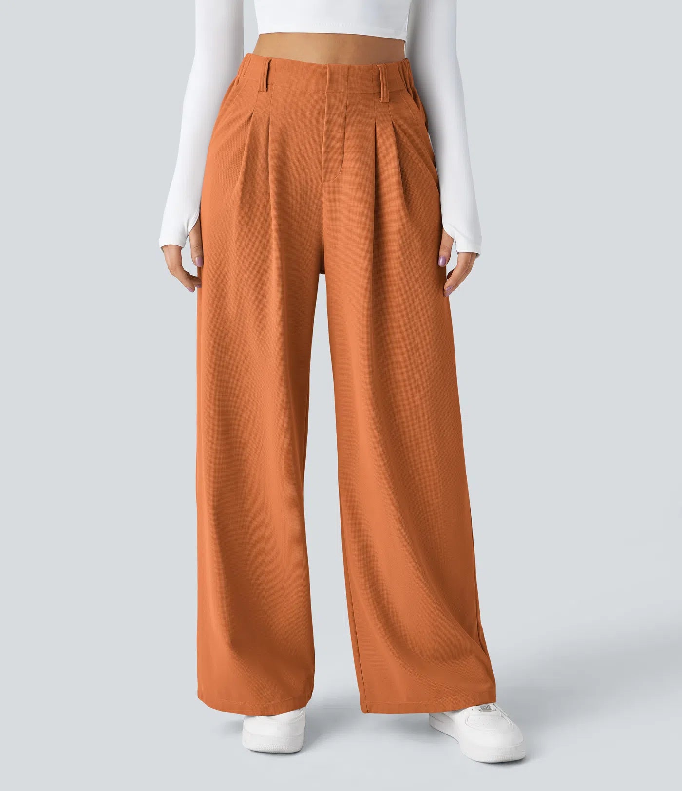 Pantalones cintura alta de pierna ancha tejido Waffle bolsillos cómodo oficina