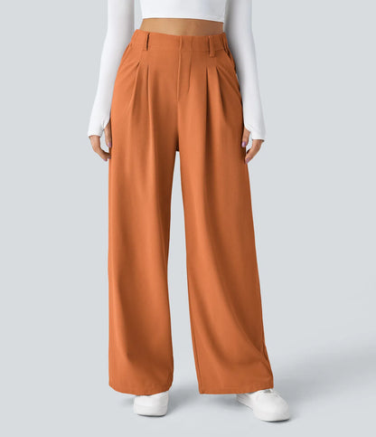 Pantalones cintura alta de pierna ancha tejido Waffle bolsillos cómodo oficina