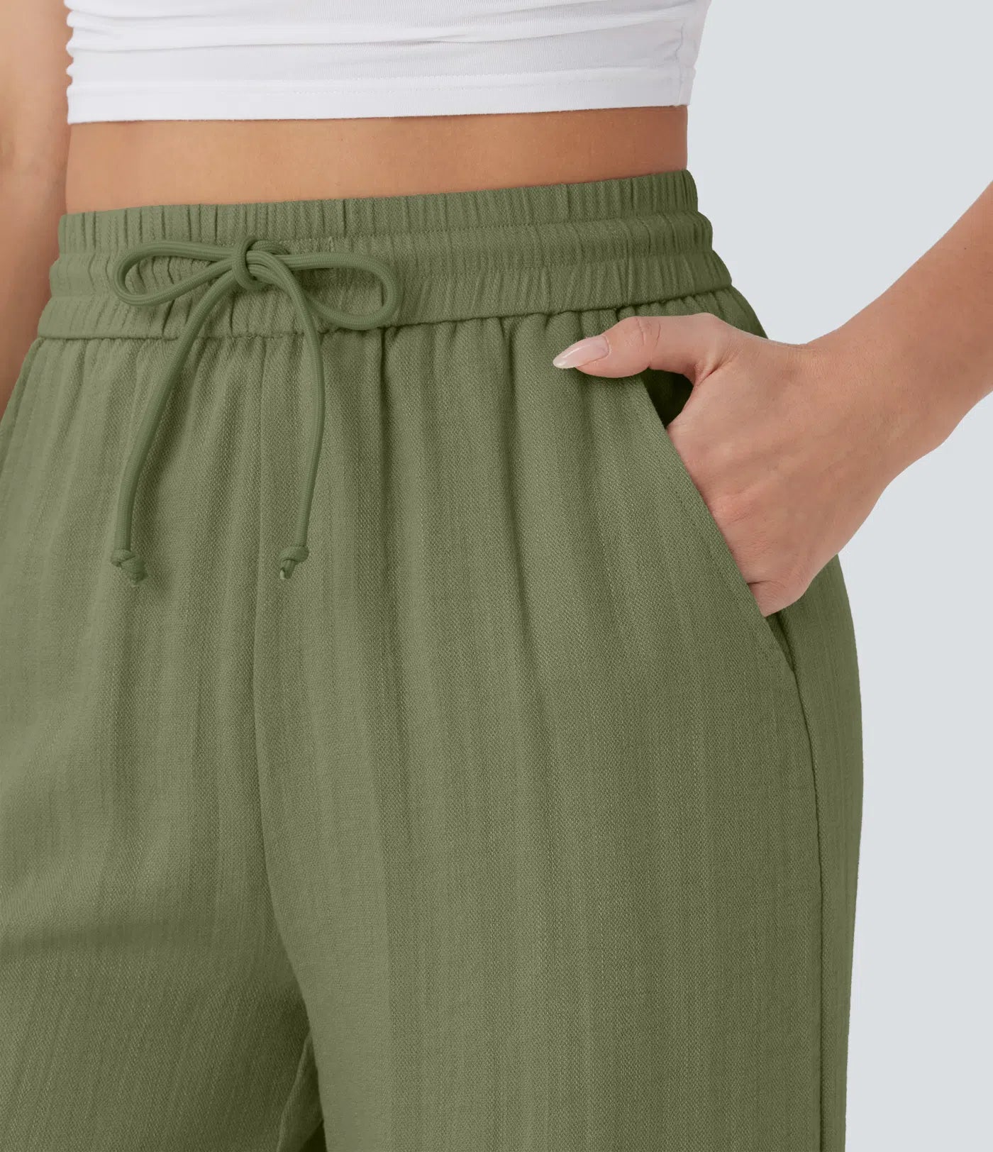 Pantalones Casuales de Cintura Alta con Cordón y Bolsillos, Estilo Lino, Pierna Ancha