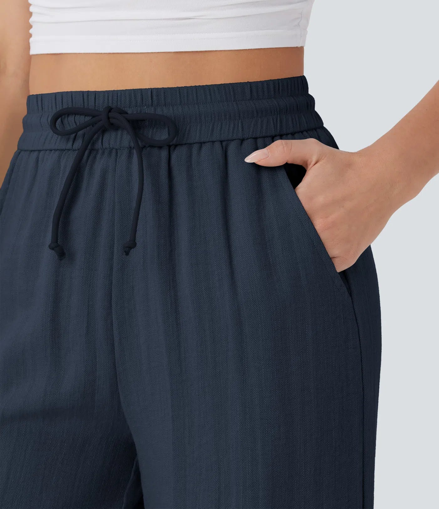 Pantalones Casuales de Cintura Alta con Cordón y Bolsillos, Estilo Lino, Pierna Ancha