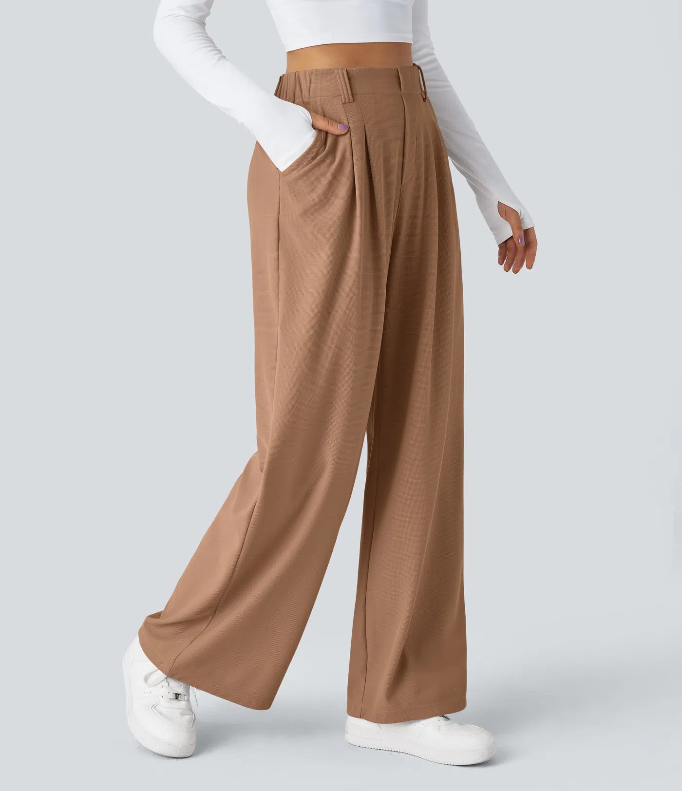 Pantalones cintura alta de pierna ancha tejido Waffle bolsillos cómodo oficina