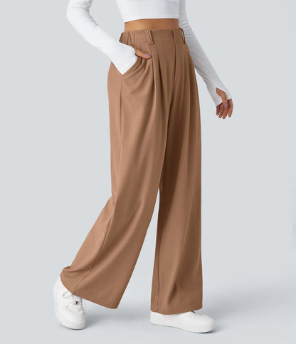 Pantalones cintura alta de pierna ancha tejido Waffle bolsillos cómodo oficina