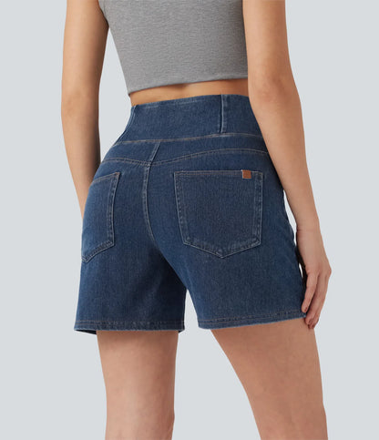 Shorts denim cintura alta con bolsillos, corte en A, pierna ancha y acabado lavado