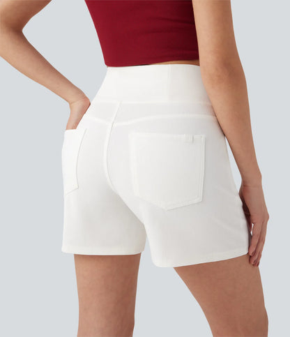 Shorts denim cintura alta con bolsillos, corte en A, pierna ancha y acabado lavado