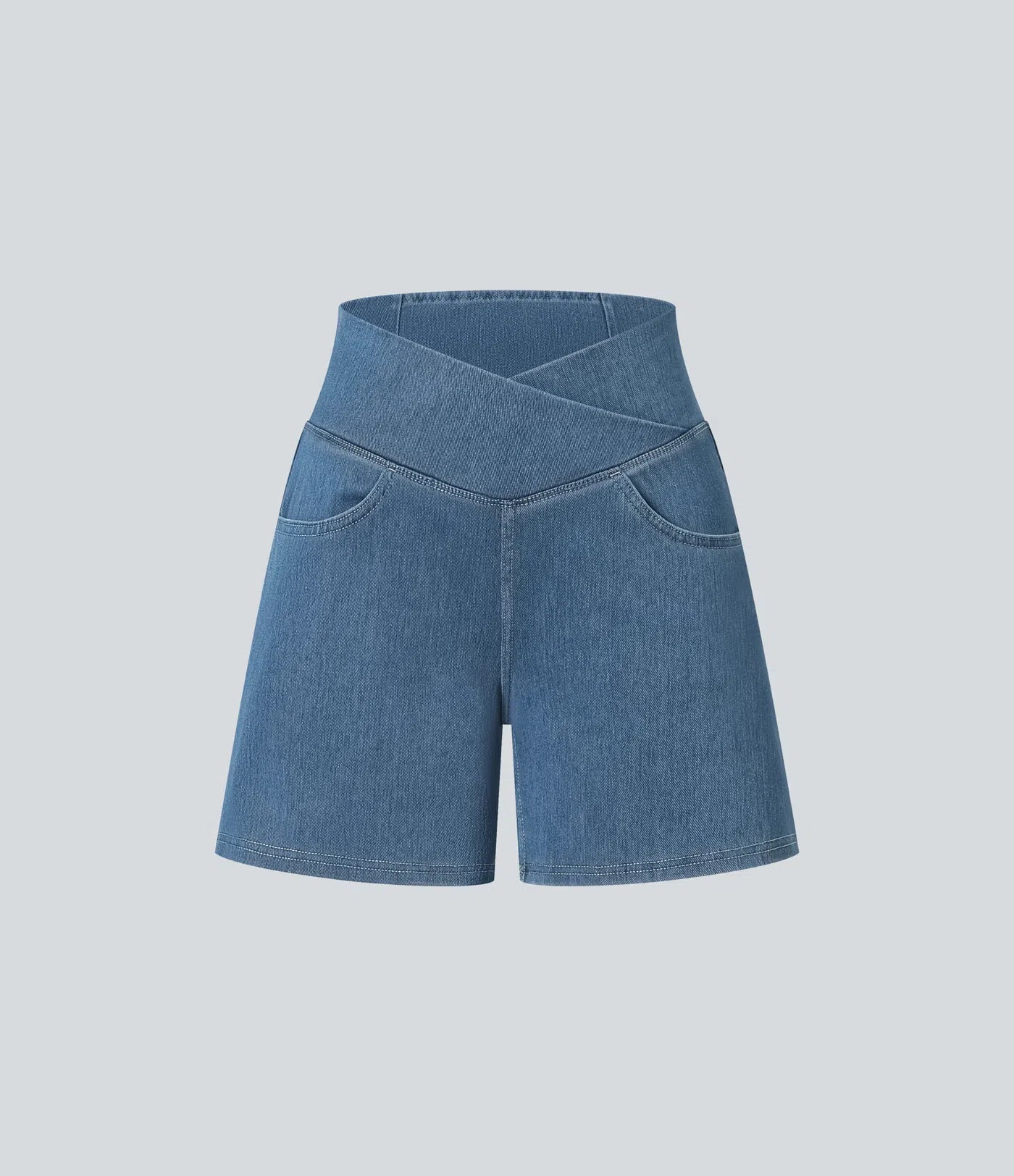 Shorts denim cintura alta con bolsillos, corte en A, pierna ancha y acabado lavado