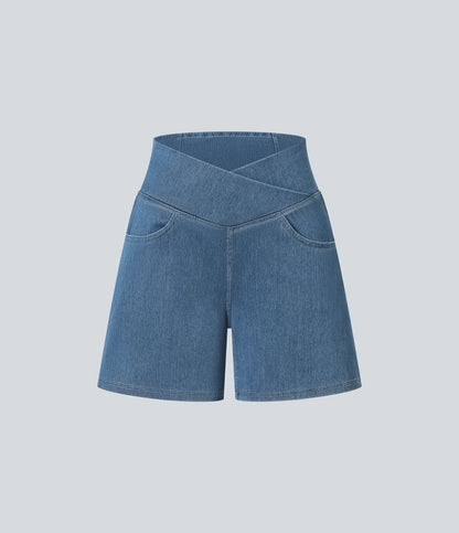 Shorts denim cintura alta con bolsillos, corte en A, pierna ancha y acabado lavado