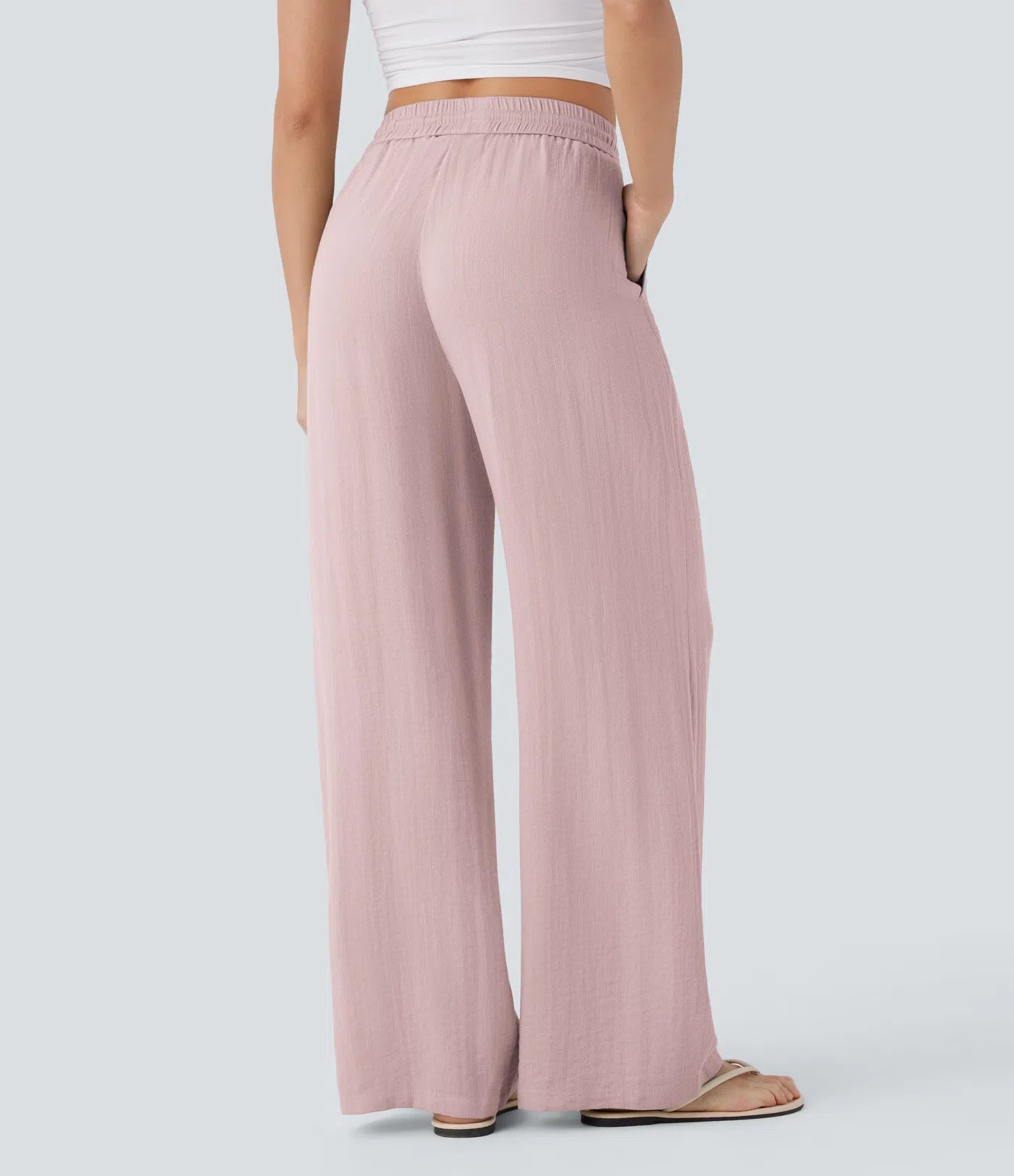 Pantalones Casuales de Cintura Alta con Cordón y Bolsillos, Estilo Lino, Pierna Ancha