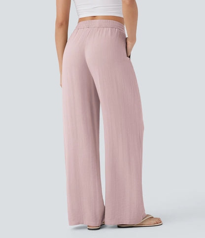 Pantalones Casuales de Cintura Alta con Cordón y Bolsillos, Estilo Lino, Pierna Ancha