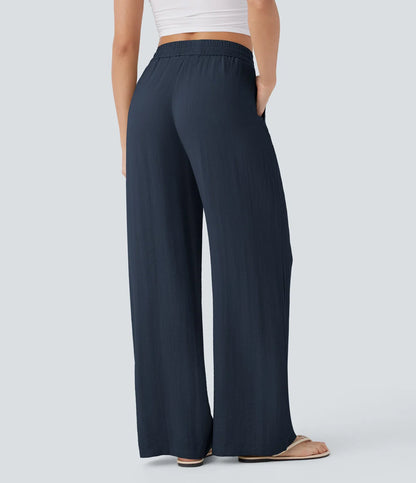 Pantalones Casuales de Cintura Alta con Cordón y Bolsillos, Estilo Lino, Pierna Ancha