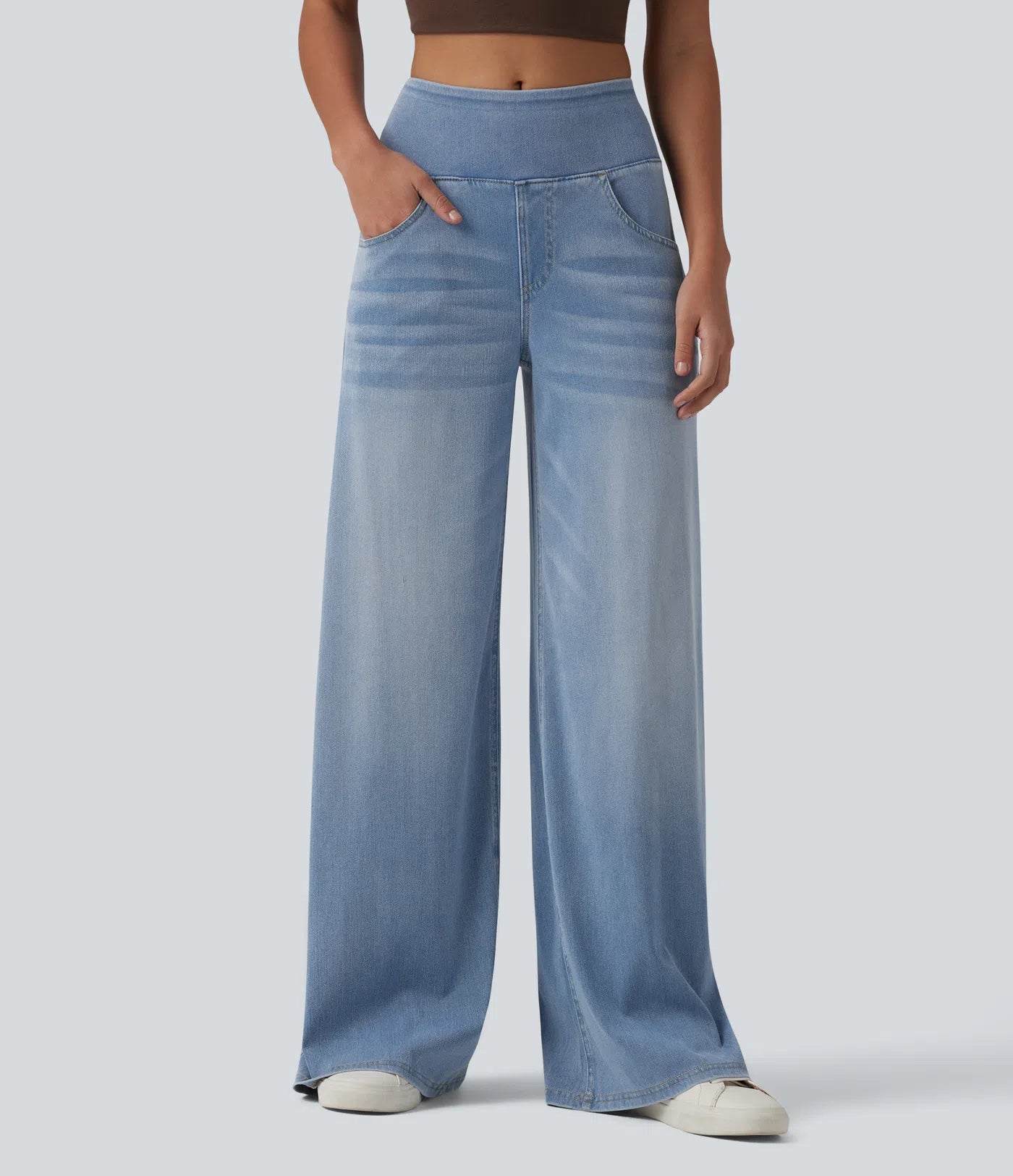 Jeans baggy casual de pierna ancha tiro medio en Lyocell efecto lavado bolsillos