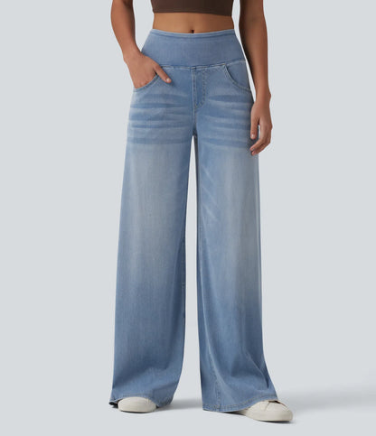 Jeans baggy casual de pierna ancha tiro medio en Lyocell efecto lavado bolsillos