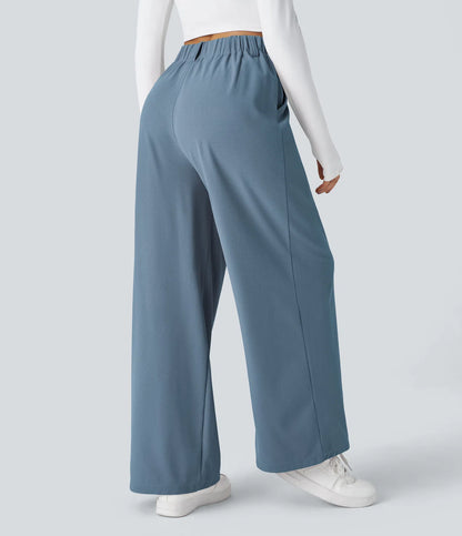 Pantalones cintura alta de pierna ancha tejido Waffle bolsillos cómodo oficina