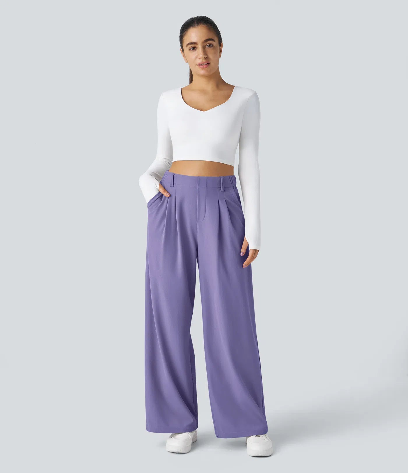 Pantalones cintura alta de pierna ancha tejido Waffle bolsillos cómodo oficina