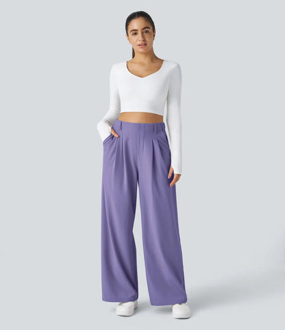 Pantalones cintura alta de pierna ancha tejido Waffle bolsillos cómodo oficina