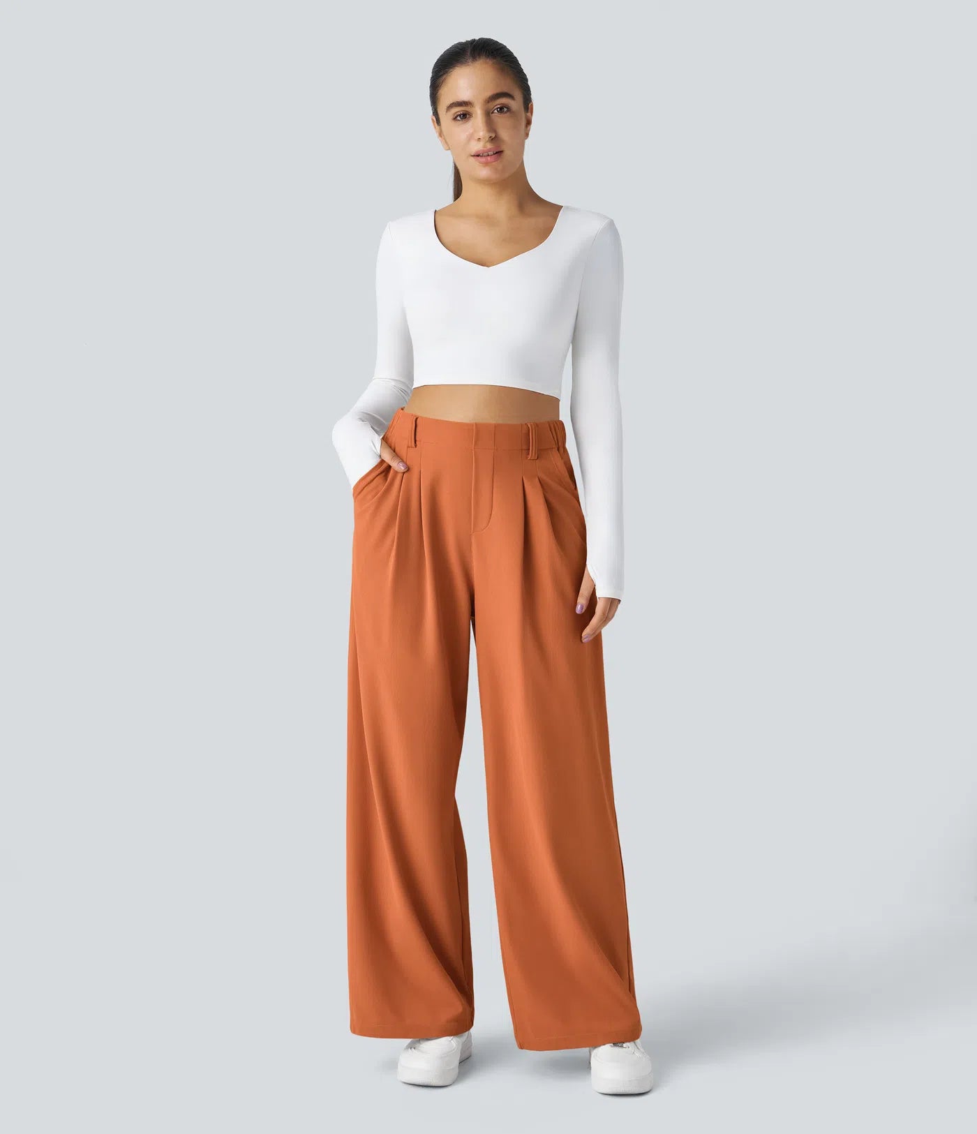 Pantalones cintura alta de pierna ancha tejido Waffle bolsillos cómodo oficina