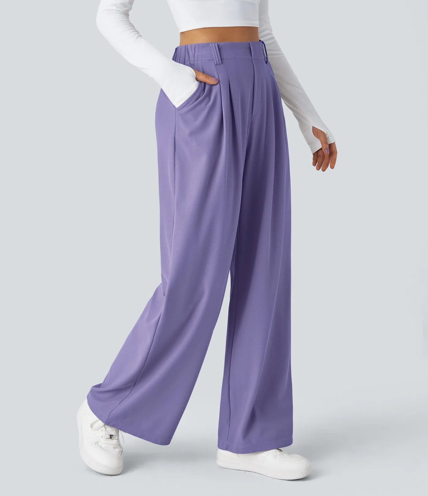 Pantalones cintura alta de pierna ancha tejido Waffle bolsillos cómodo oficina