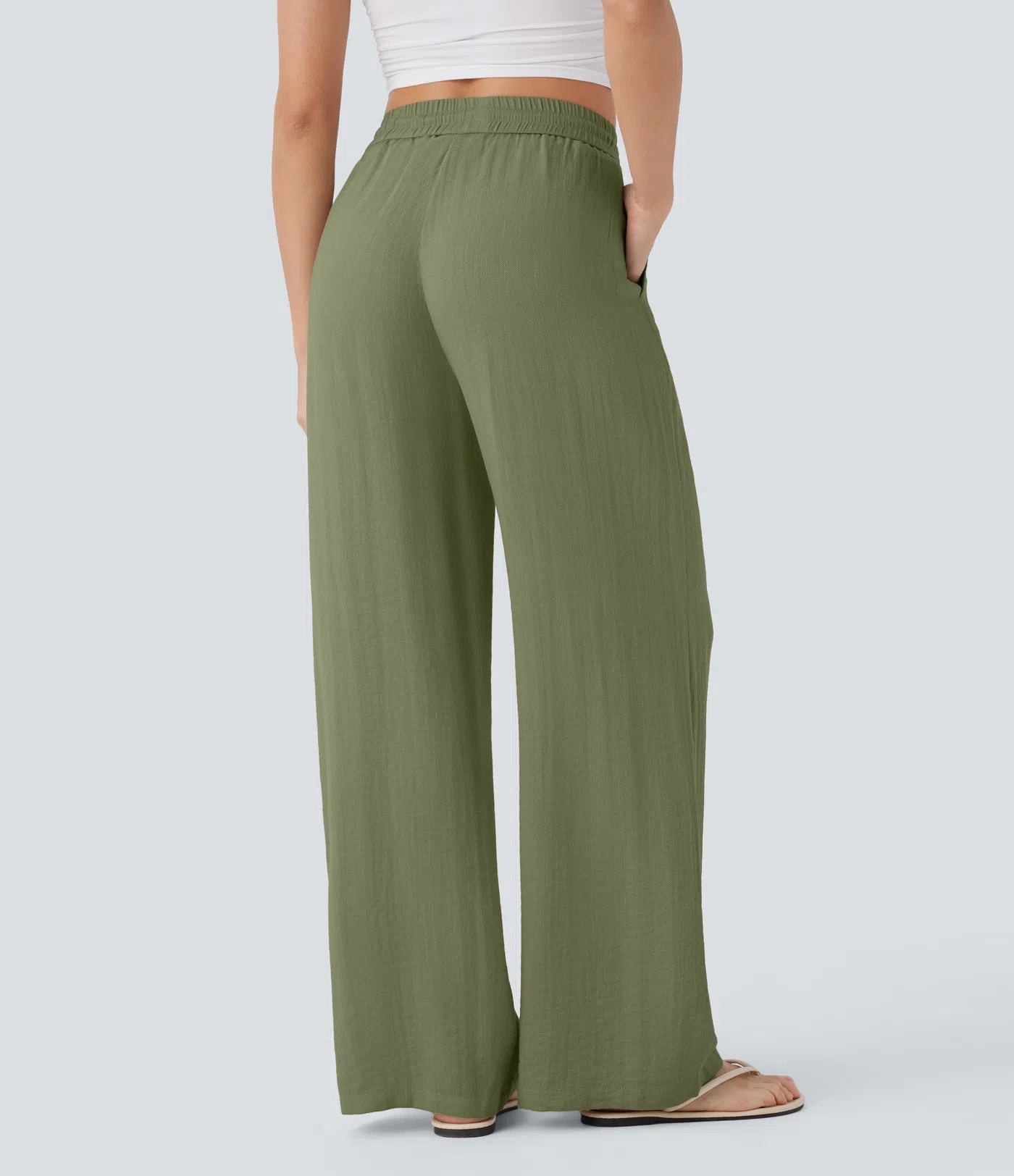 Pantalones Casuales de Cintura Alta con Cordón y Bolsillos, Estilo Lino, Pierna Ancha