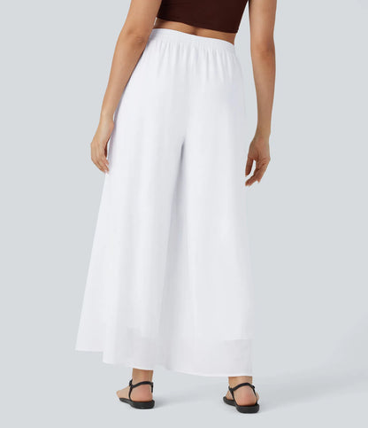 Pantalones relajados de talle alto, con bolsillos y sobreposición de malla, de pierna ancha