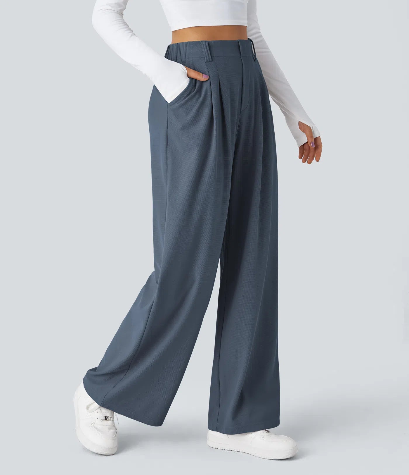 Pantalones cintura alta de pierna ancha tejido Waffle bolsillos cómodo oficina