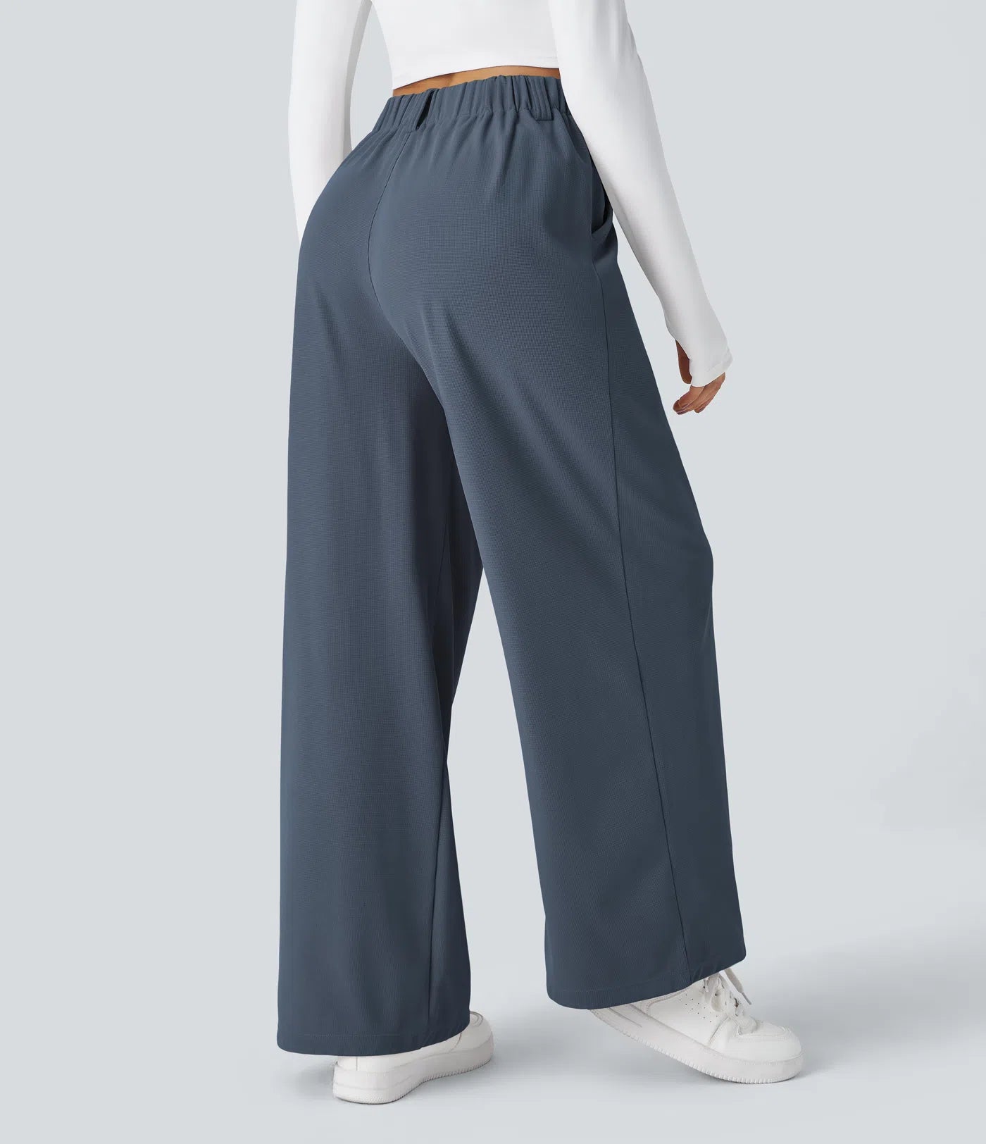Pantalones cintura alta de pierna ancha tejido Waffle bolsillos cómodo oficina