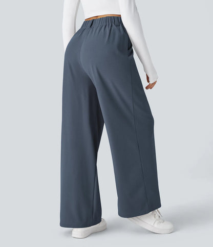 Pantalones cintura alta de pierna ancha tejido Waffle bolsillos cómodo oficina