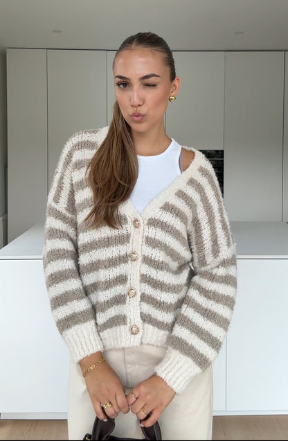 CARDIGÁN A RAYAS TEDDY CANELA