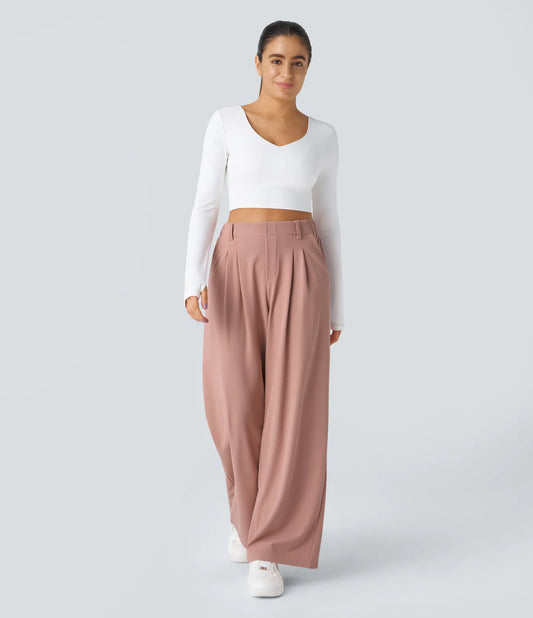 Pantalones cintura alta de pierna ancha tejido Waffle bolsillos cómodo oficina