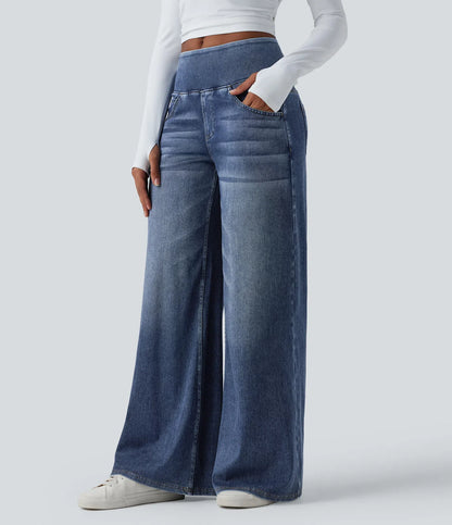 Jeans baggy casual de pierna ancha tiro medio en Lyocell efecto lavado bolsillos