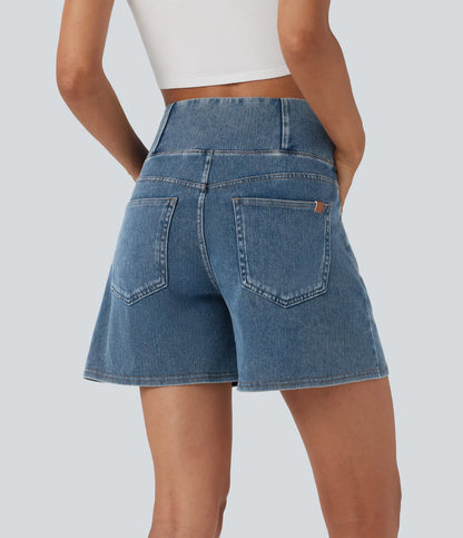 Shorts denim cintura alta con bolsillos, corte en A, pierna ancha y acabado lavado