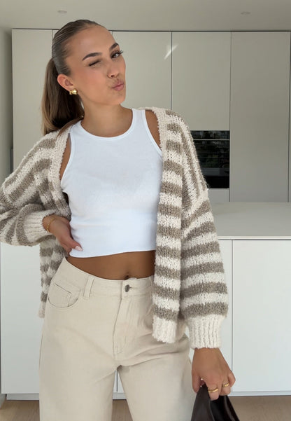 CARDIGÁN A RAYAS TEDDY CANELA