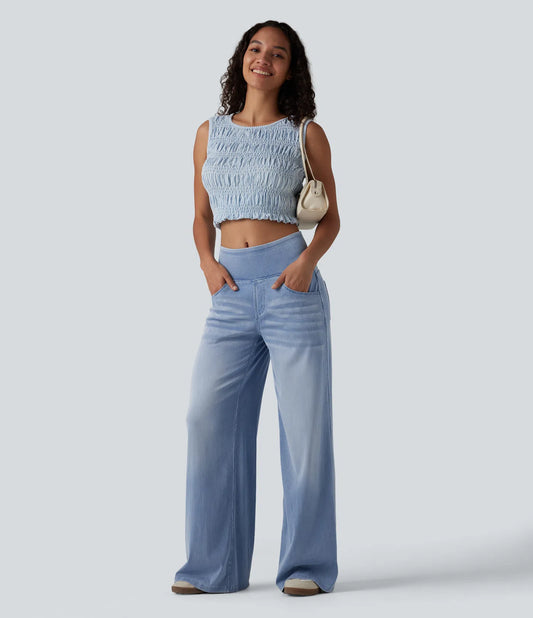 Jeans baggy casual de pierna ancha tiro medio en Lyocell efecto lavado bolsillos