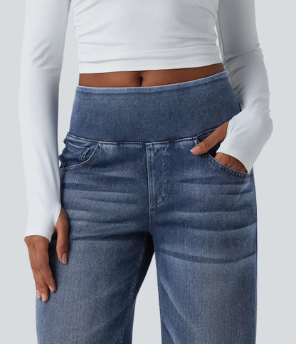 Jeans baggy casual de pierna ancha tiro medio en Lyocell efecto lavado bolsillos