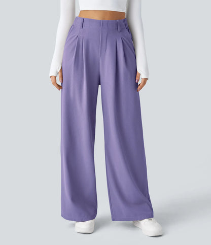 Pantalones cintura alta de pierna ancha tejido Waffle bolsillos cómodo oficina