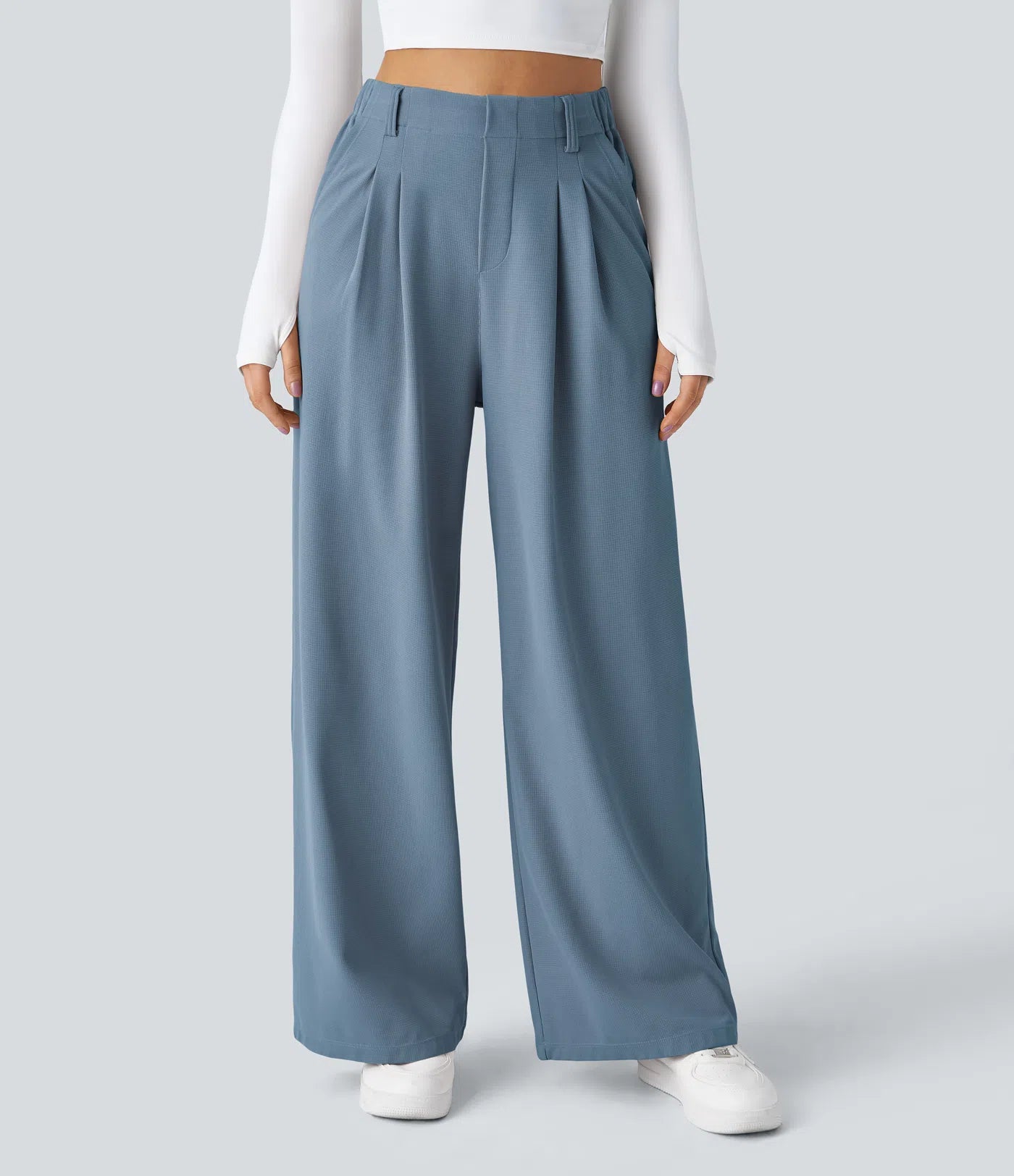 Pantalones cintura alta de pierna ancha tejido Waffle bolsillos cómodo oficina