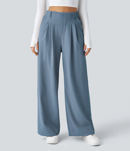 Pantalones cintura alta de pierna ancha tejido Waffle bolsillos cómodo oficina