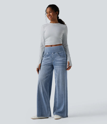 Jeans baggy casual de pierna ancha tiro medio en Lyocell efecto lavado bolsillos