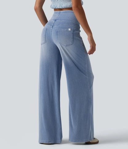 Jeans baggy casual de pierna ancha tiro medio en Lyocell efecto lavado bolsillos