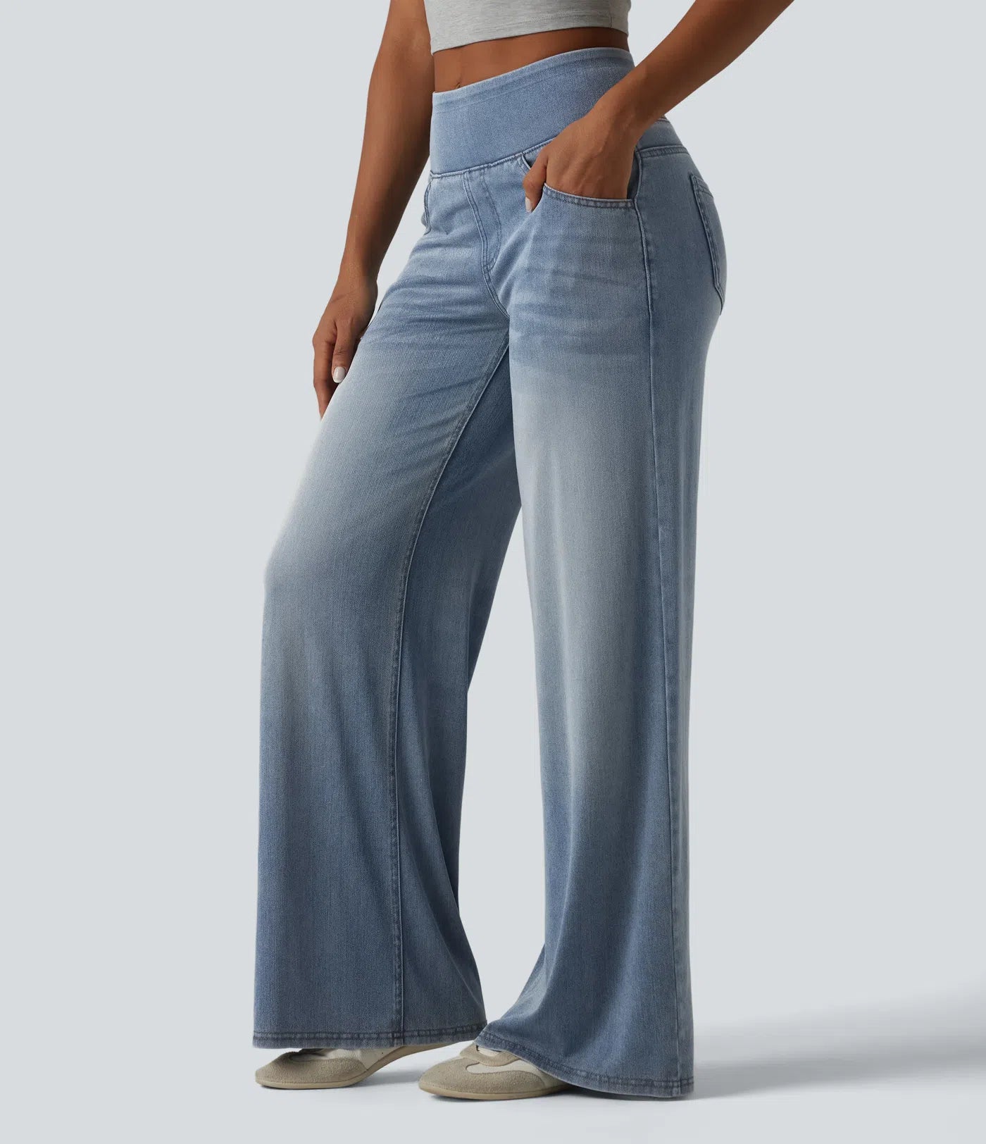 Jeans baggy casual de pierna ancha tiro medio en Lyocell efecto lavado bolsillos