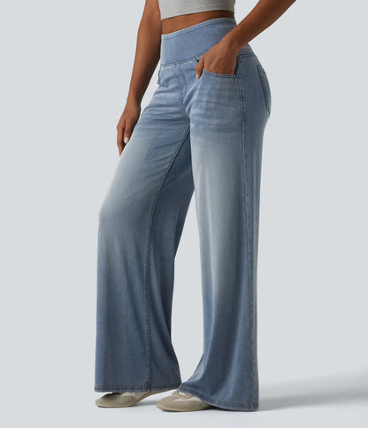 Jeans baggy casual de pierna ancha tiro medio en Lyocell efecto lavado bolsillos