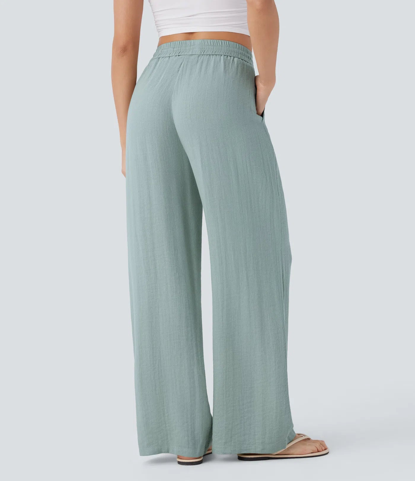 Pantalones Casuales de Cintura Alta con Cordón y Bolsillos, Estilo Lino, Pierna Ancha