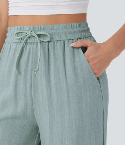 Pantalones Casuales de Cintura Alta con Cordón y Bolsillos, Estilo Lino, Pierna Ancha