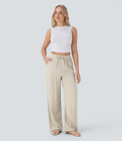 Pantalones Casuales de Cintura Alta con Cordón y Bolsillos, Estilo Lino, Pierna Ancha
