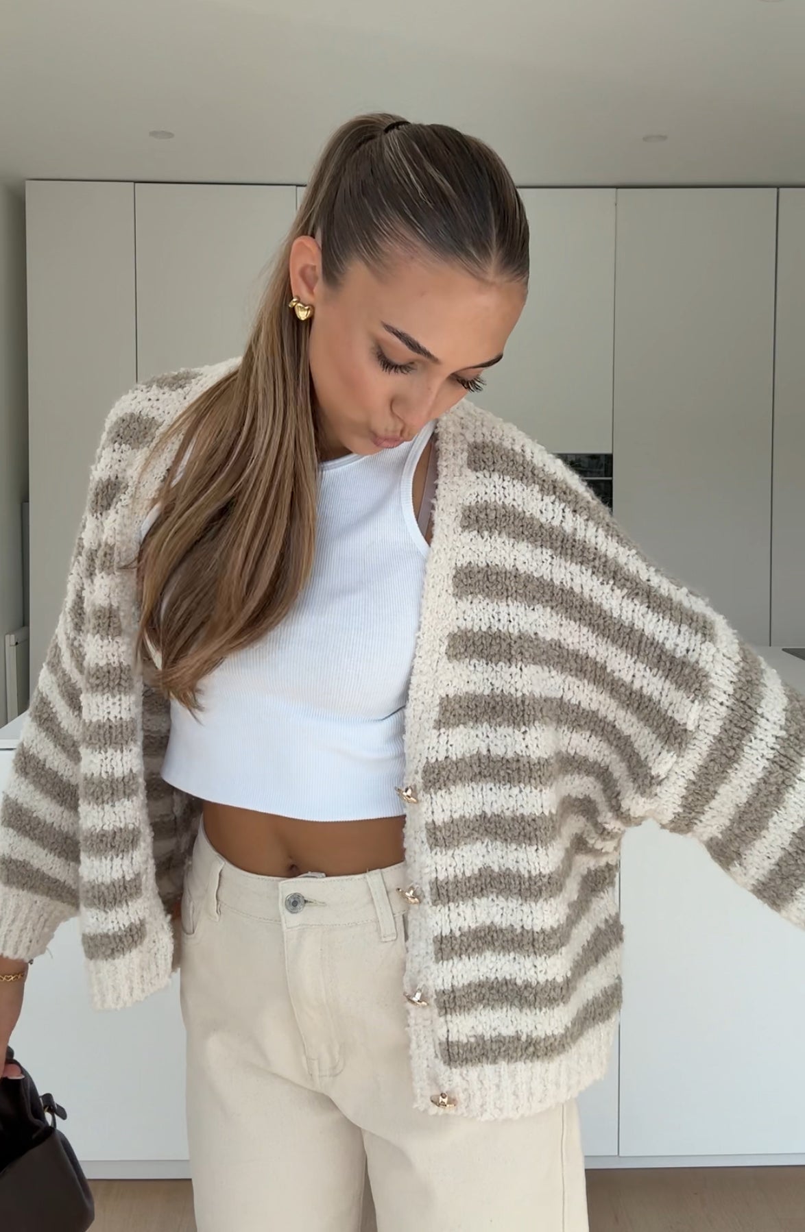 CARDIGÁN A RAYAS TEDDY CANELA