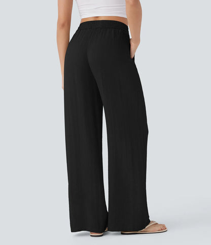 Pantalones Casuales de Cintura Alta con Cordón y Bolsillos, Estilo Lino, Pierna Ancha